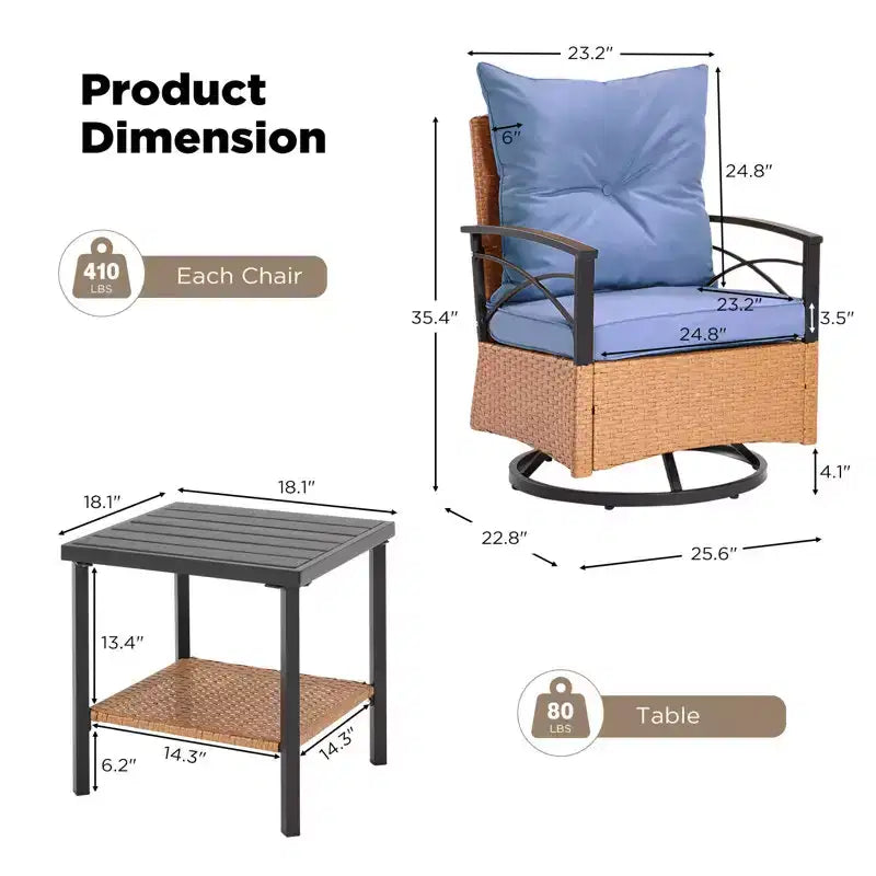EROMMY 3 Pieces Patio Swivel Rocker Rattan Chairs,Outdoor Swivel Rocking Chairs with 1 Rattan Coffee Table,Perfect for Porch,Garden,and Lawn