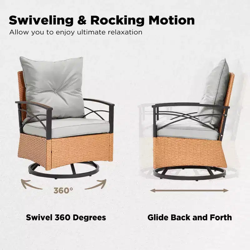 EROMMY 3 Pieces Patio Swivel Rocker Rattan Chairs,Outdoor Swivel Rocking Chairs with 1 Rattan Coffee Table,Perfect for Porch,Garden,and Lawn