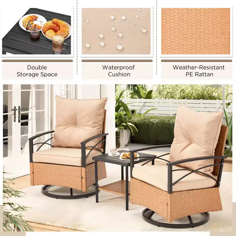 EROMMY 3 Pieces Patio Swivel Rocker Rattan Chairs,Outdoor Swivel Rocking Chairs with 1 Rattan Coffee Table,Perfect for Porch,Garden,and Lawn