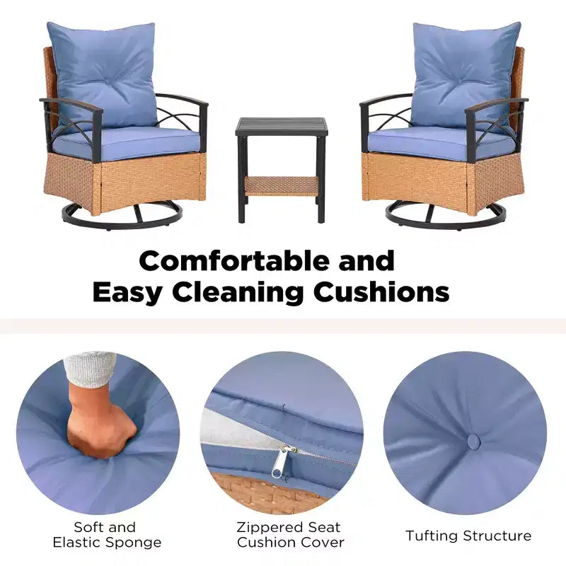 EROMMY 3 Pieces Patio Swivel Rocker Rattan Chairs,Outdoor Swivel Rocking Chairs with 1 Rattan Coffee Table,Perfect for Porch,Garden,and Lawn