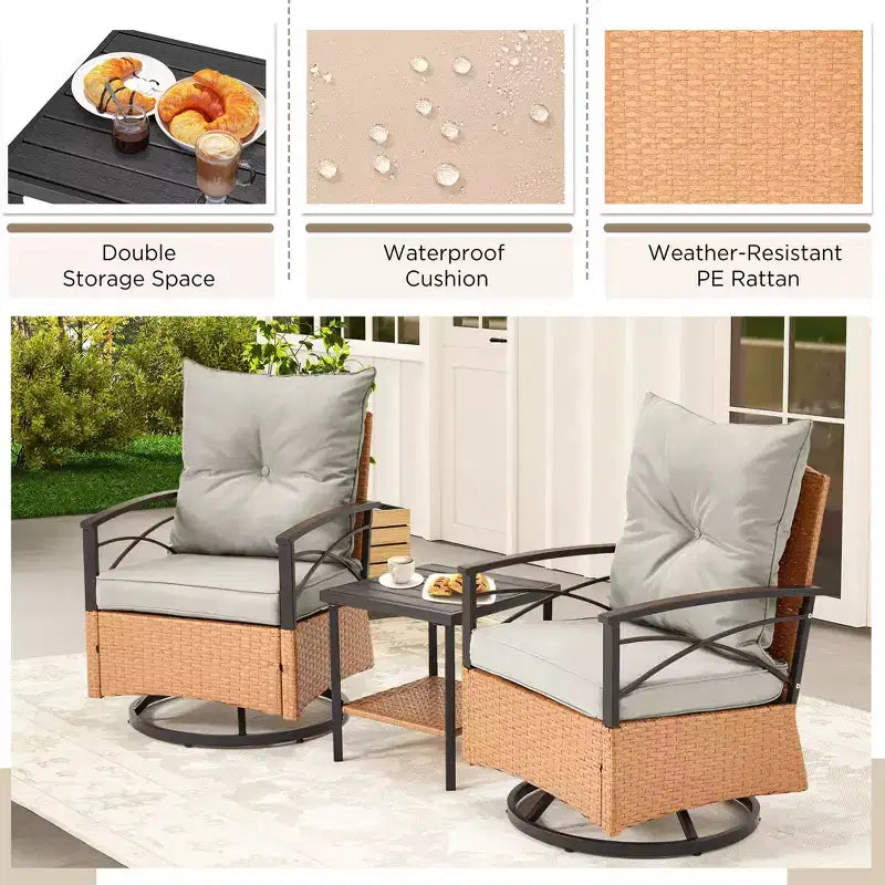 EROMMY 3 Pieces Patio Swivel Rocker Rattan Chairs,Outdoor Swivel Rocking Chairs with 1 Rattan Coffee Table,Perfect for Porch,Garden,and Lawn