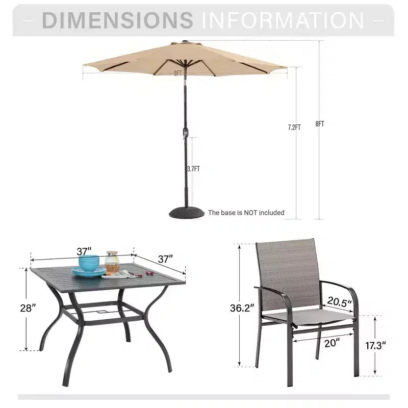 Captiva Designs 6pc Patio Dining Set Steel Table & Sling Fixed Chairs & Market Umbrella