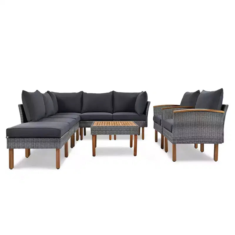 Whisen 9-Piece Weather-Resistant Patio Rattan Furniture Sets & Outdoor Conversation Sectional Sofa Couch Set with Coffee Table and Cushions - Gray