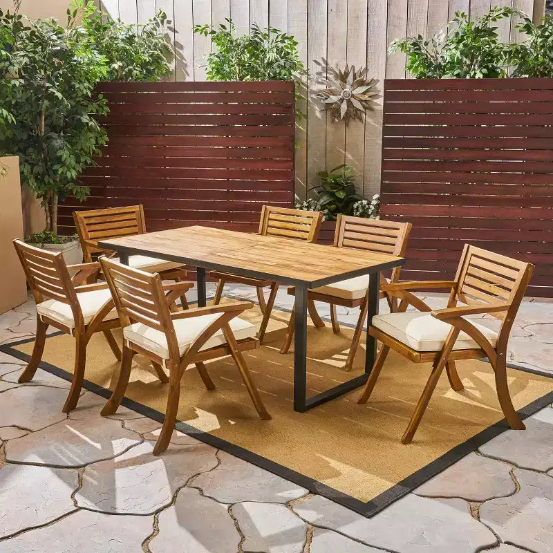 Christopher Knight Home Lovell Ensemble de salle à manger d'extérieur 7 pièces en bois d'acacia et fer avec coussins, teck et crème