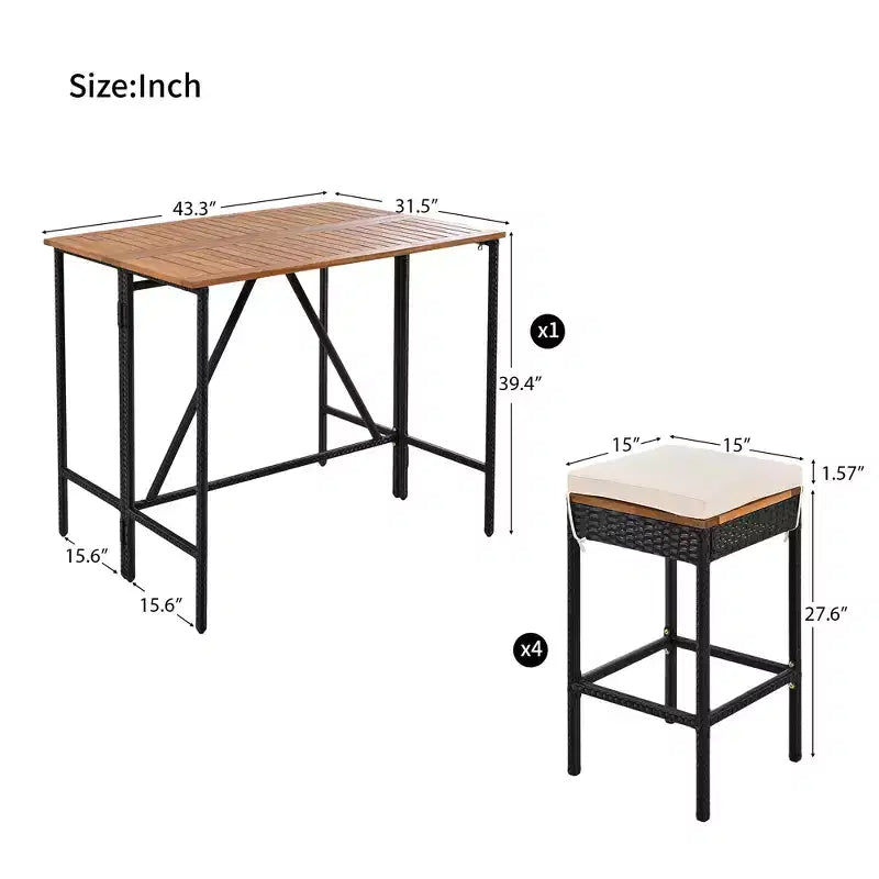Whisen 5-Piece Outdoor PE Rattan Wicker Bar Height Table Set With Foldable Tabletop and Cushions