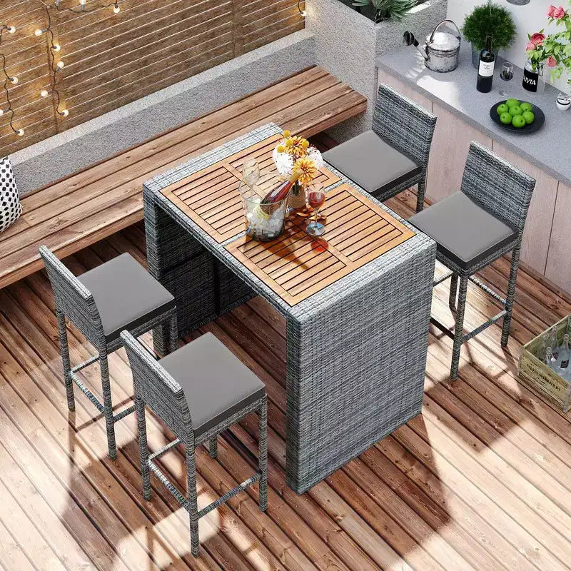 Whisen 5-Piece Outdoor PE Rattan Wicker Bar Height Table Set With Foldable Tabletop and Cushions