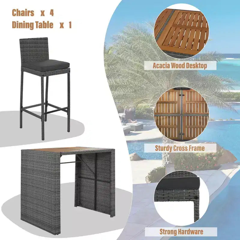 Whisen 5-Piece Outdoor PE Rattan Wicker Bar Height Table Set With Foldable Tabletop and Cushions