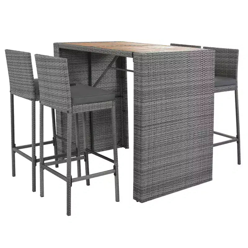 Whisen 5-Piece Outdoor PE Rattan Wicker Bar Height Table Set With Foldable Tabletop and Cushions