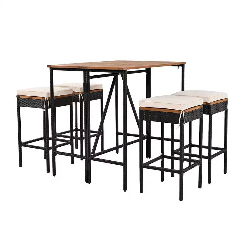 Whisen 5-Piece Outdoor PE Rattan Wicker Bar Height Table Set With Foldable Tabletop and Cushions