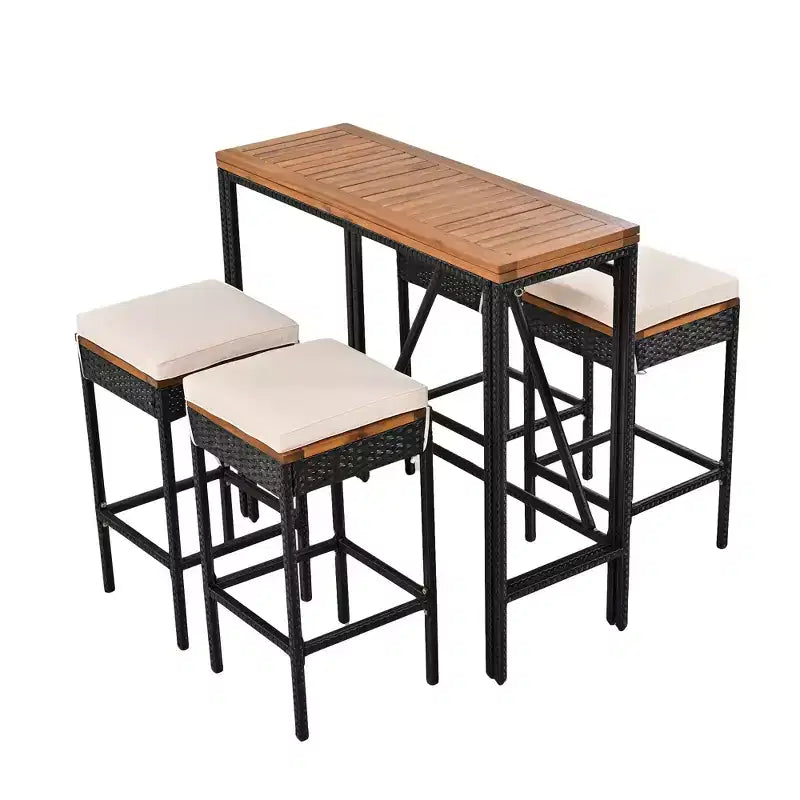 Whisen 5-Piece Outdoor PE Rattan Wicker Bar Height Table Set With Foldable Tabletop and Cushions