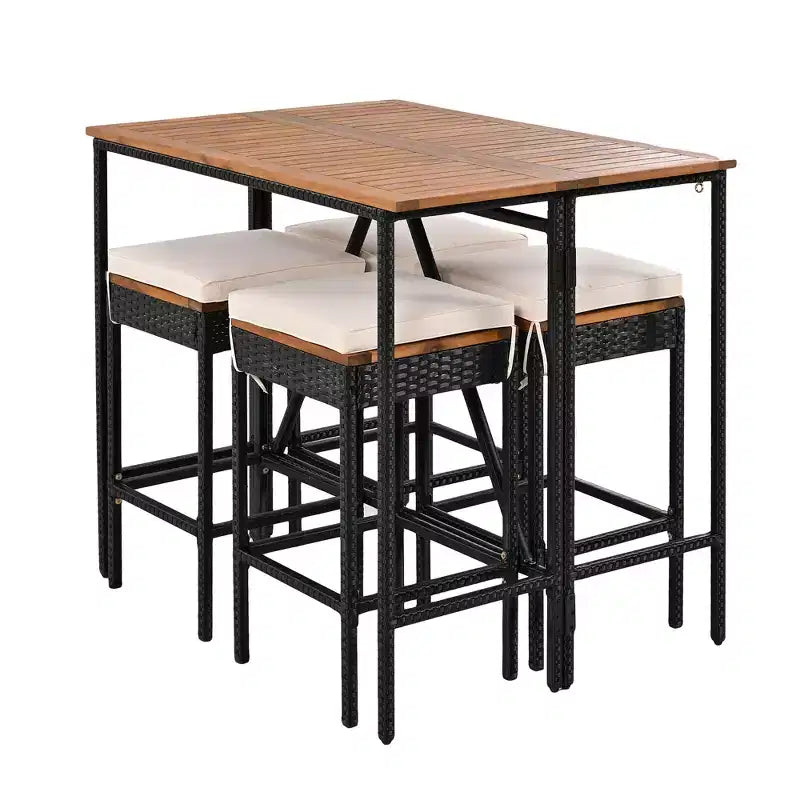 Whisen 5-Piece Outdoor PE Rattan Wicker Bar Height Table Set With Foldable Tabletop and Cushions