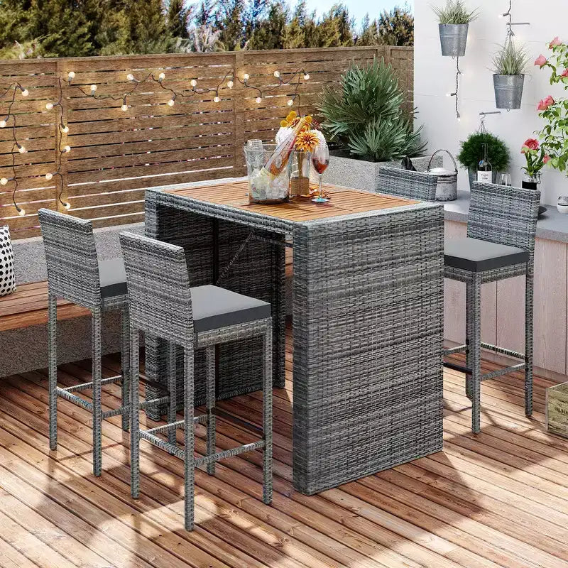 Whisen 5-Piece Outdoor PE Rattan Wicker Bar Height Table Set With Foldable Tabletop and Cushions