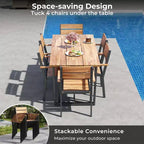 Costway 7 PCS Acacia Wood Patio Dining Set 6 Armchairs and 69 Table with 2 Umbrella Hole