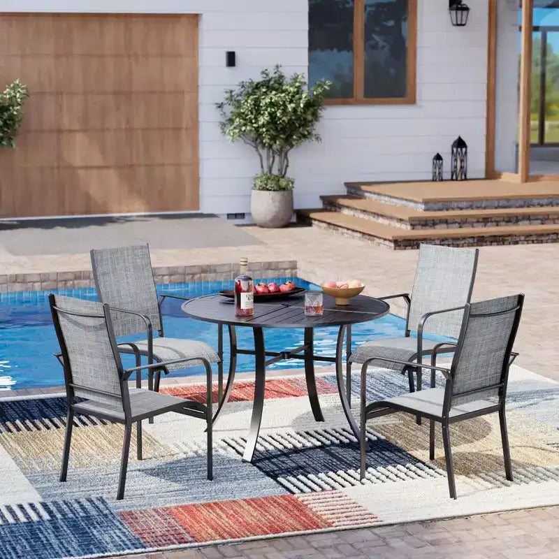 EROMMY 5 Piece Patio Dining Set, Outdoor Dining Table And Chairs Set For 4, 4 Textilene Chairs, 1 Iron Round Table With Adjustable Umbrella Hole