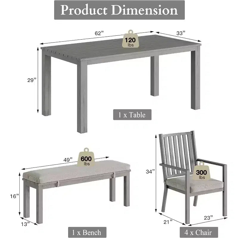 Heynemo 6 Pieces Patio Dining Sets, Aluminum Outdoor Dining Table with 4 Chairs and Bench, Patio Dining Furniture Set with Removable Cushion
