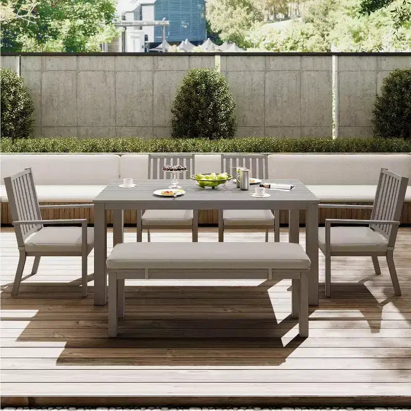 Heynemo 6 Pieces Patio Dining Sets, Aluminum Outdoor Dining Table with 4 Chairs and Bench, Patio Dining Furniture Set with Removable Cushion