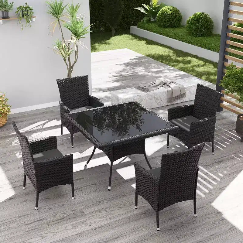 ALAULM Patio Furniture Outdoor Dining Set, Wicker Rattan Patio Dining Table and Chairs Set, Square Tempered Glass Tabletop with Umbrella Set