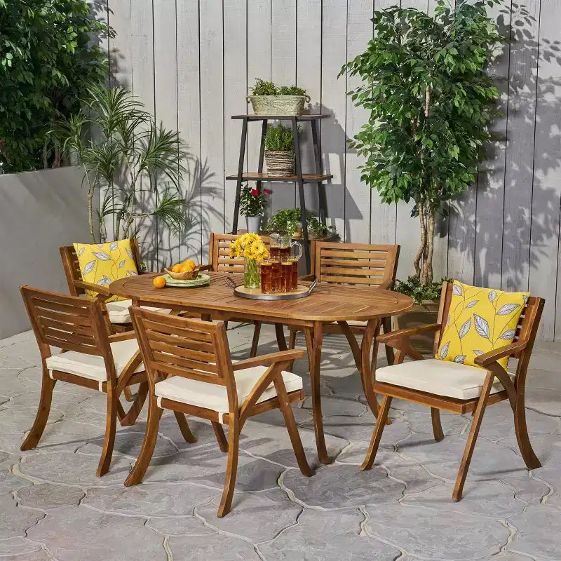GDFStudio Zhana Outdoor Acacia Wood 7 Piece Dining Set with Cushion