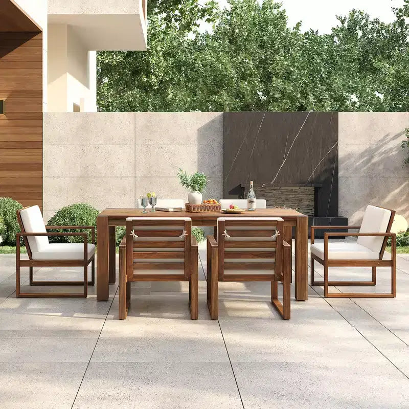 Whisen 7 Piece Acacia Wood Patio Dining Sets Outdoor Dining Set - Seats 6 with Removable Cushions, Outdoor Furniture Set with Umbrella Hole