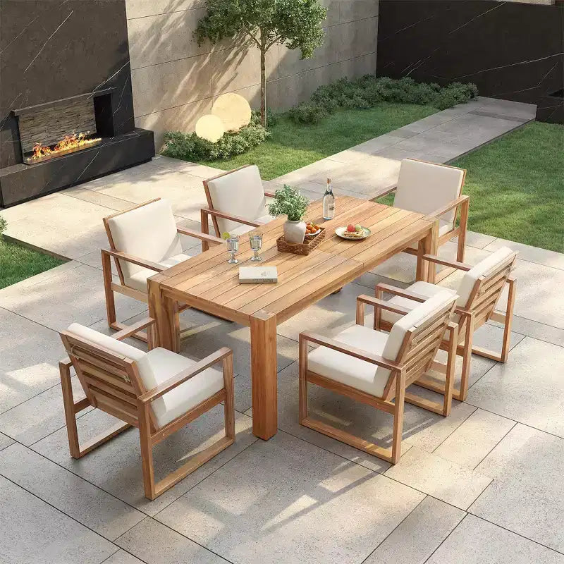 Whisen 7 Piece Acacia Wood Patio Dining Sets Outdoor Dining Set - Seats 6 with Removable Cushions, Outdoor Furniture Set with Umbrella Hole