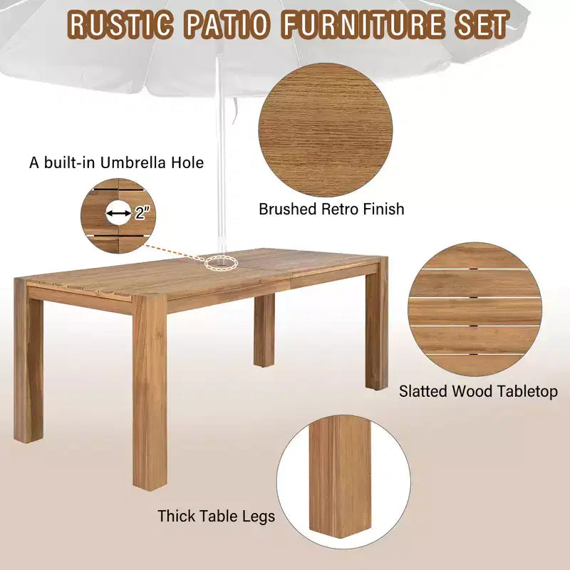Whisen 7 Piece Acacia Wood Patio Dining Sets Outdoor Dining Set - Seats 6 with Removable Cushions, Outdoor Furniture Set with Umbrella Hole