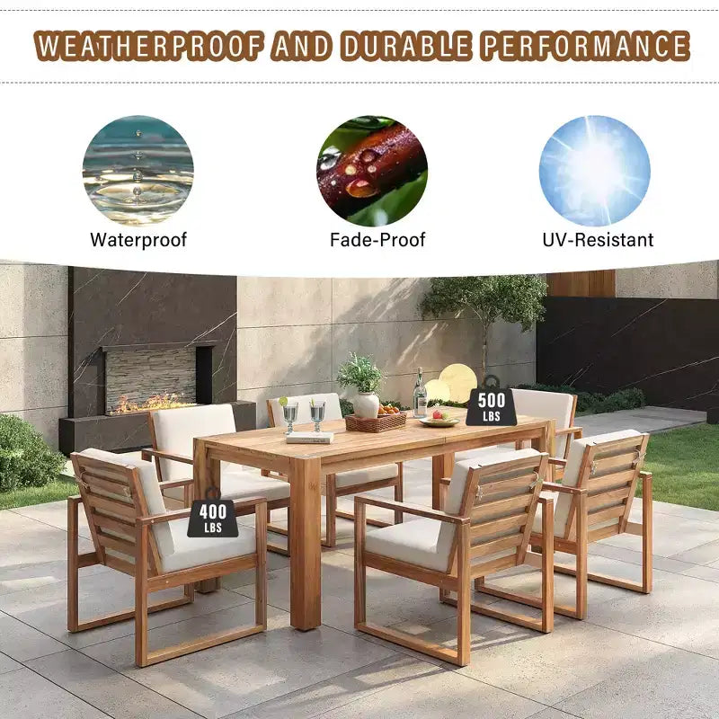 Whisen 7 Piece Acacia Wood Patio Dining Sets Outdoor Dining Set - Seats 6 with Removable Cushions, Outdoor Furniture Set with Umbrella Hole