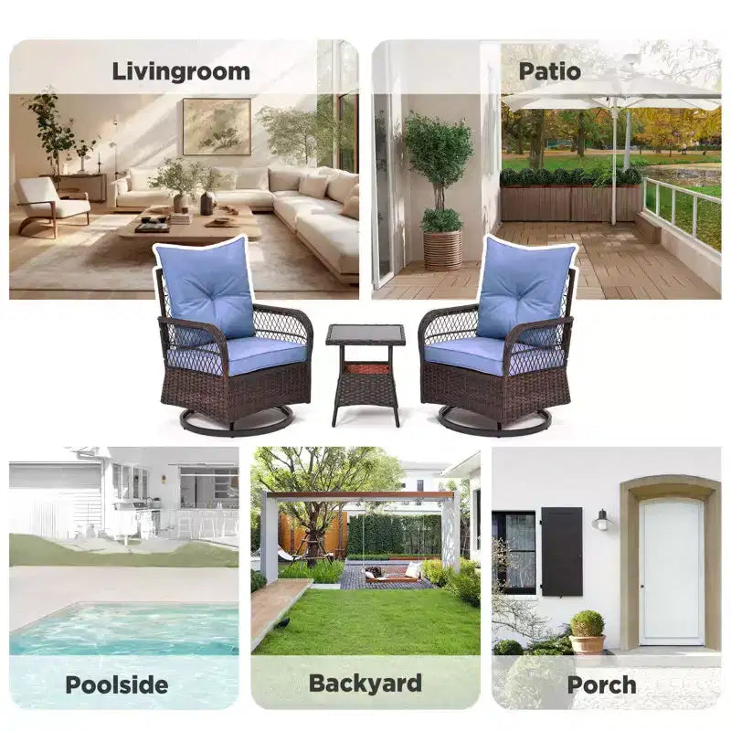 EROMMY 3 Pieces Patio Swivel Rocker Rattan Chairs, Outdoor Swivel Rocking Chairs With 1 Rattan Coffee Table, 360 Degree Swivel Patio Chairs For Lawn