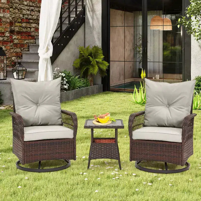 EROMMY 3 Pieces Patio Swivel Rocker Rattan Chairs, Outdoor Swivel Rocking Chairs With 1 Rattan Coffee Table, 360 Degree Swivel Patio Chairs For Lawn