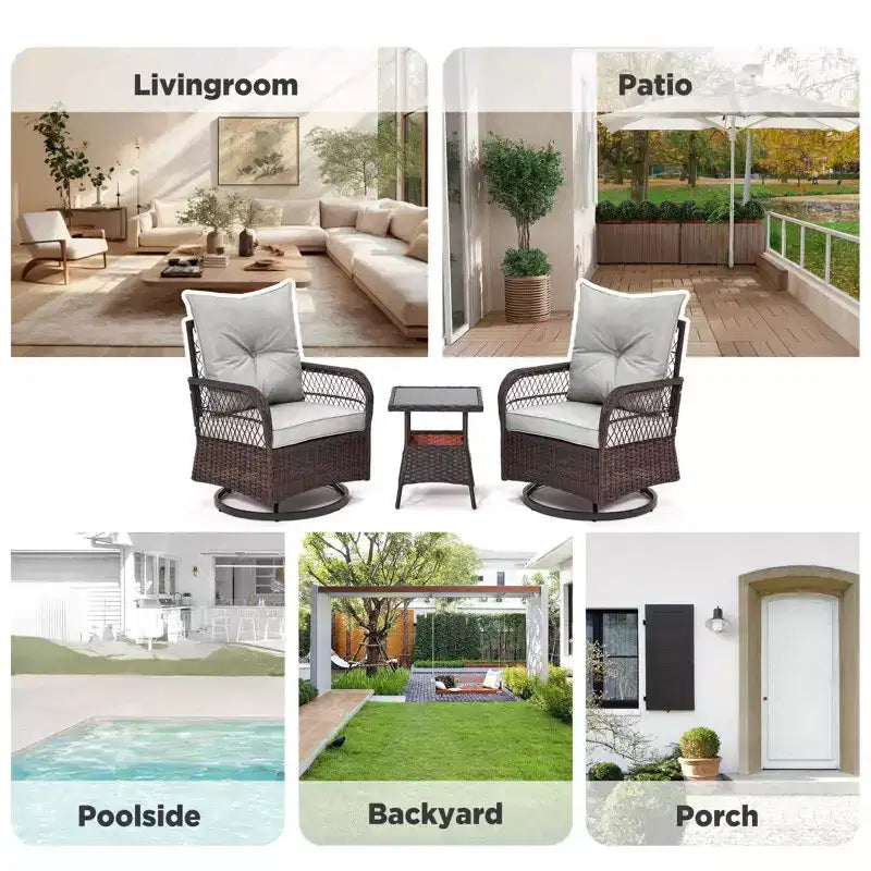 EROMMY 3 Pieces Patio Swivel Rocker Rattan Chairs, Outdoor Swivel Rocking Chairs With 1 Rattan Coffee Table, 360 Degree Swivel Patio Chairs For Lawn
