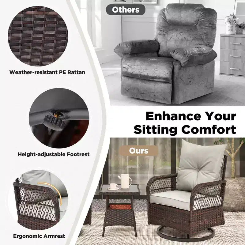 EROMMY 3 Pieces Patio Swivel Rocker Rattan Chairs, Outdoor Swivel Rocking Chairs With 1 Rattan Coffee Table, 360 Degree Swivel Patio Chairs For Lawn
