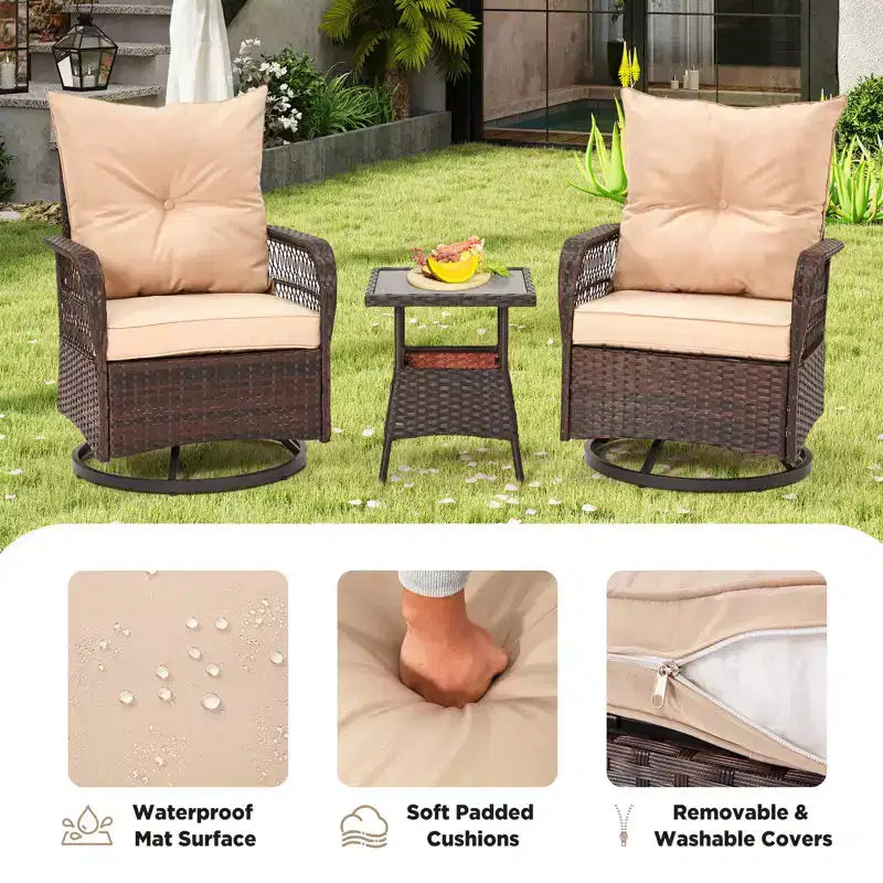 EROMMY 3 Pieces Patio Swivel Rocker Rattan Chairs, Outdoor Swivel Rocking Chairs With 1 Rattan Coffee Table, 360 Degree Swivel Patio Chairs For Lawn