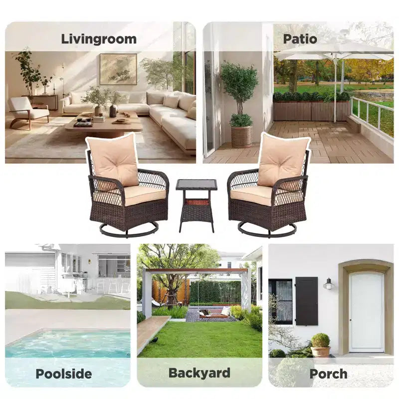 EROMMY 3 Pieces Patio Swivel Rocker Rattan Chairs, Outdoor Swivel Rocking Chairs With 1 Rattan Coffee Table, 360 Degree Swivel Patio Chairs For Lawn