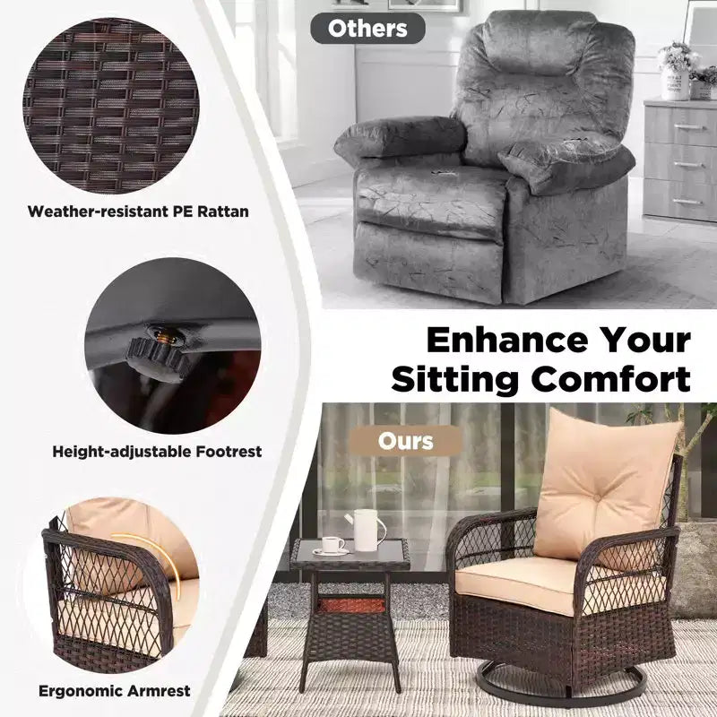 EROMMY 3 Pieces Patio Swivel Rocker Rattan Chairs, Outdoor Swivel Rocking Chairs With 1 Rattan Coffee Table, 360 Degree Swivel Patio Chairs For Lawn