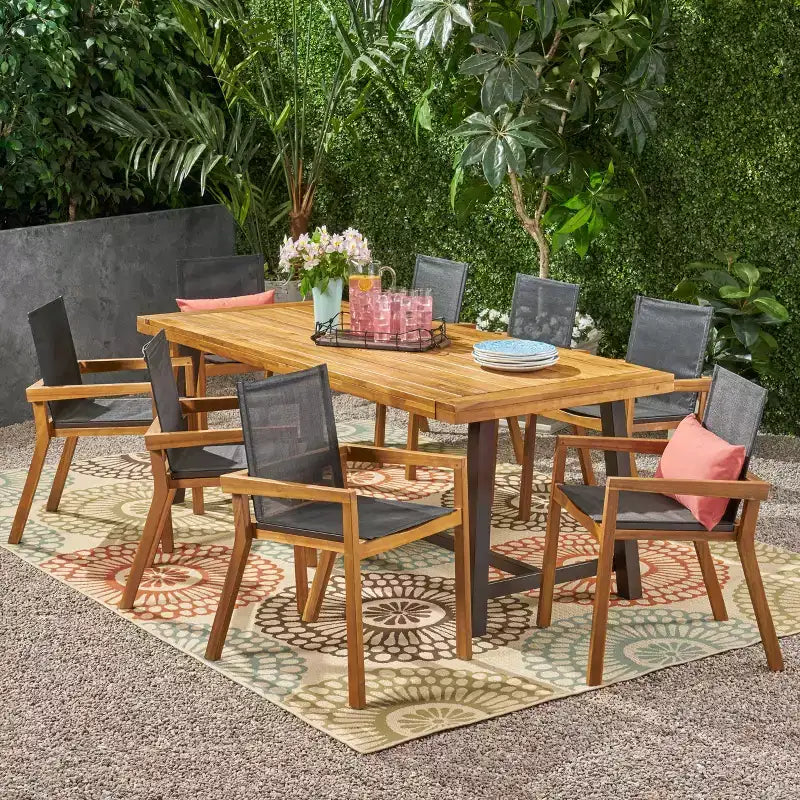 Christopher Knight Home Claude Outdoor Mesh and Acacia Wood 9 Piece Dining Set with 79 Dining Table