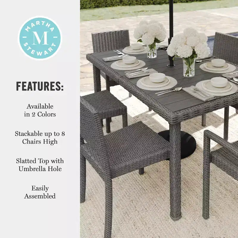 Martha Stewart Bedford 7-Piece Indoor-Outdoor Dining Set with 6 Stackable Dining Chairs and 62 Patio Table with Engineered Wood Top in Rattan Wicker