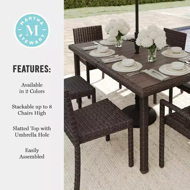 Martha Stewart Bedford 7-Piece Indoor-Outdoor Dining Set with 6 Stackable Dining Chairs and 62 Patio Table with Engineered Wood Top in Rattan Wicker