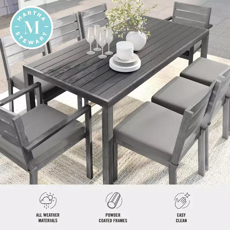 Martha Stewart Bedford Indoor-Outdoor Patio Set with 71 Table and 8 Dining Chairs with Brushed Woodgrain Aluminum Finish and All-Weather Seat Cushion