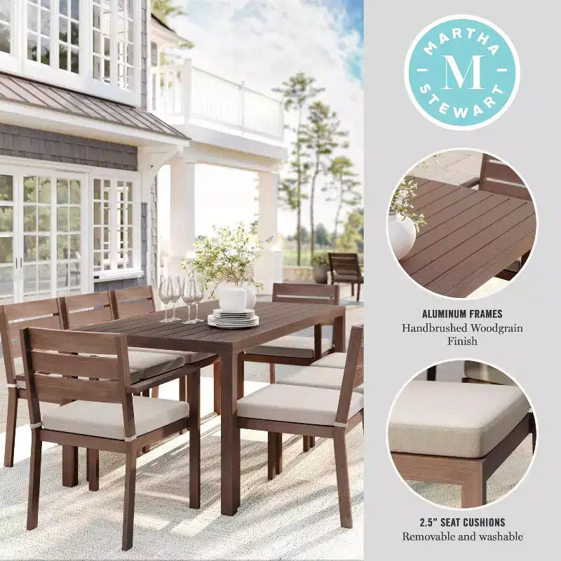 Martha Stewart Bedford Indoor-Outdoor Patio Set with 71 Table and 8 Dining Chairs with Brushed Woodgrain Aluminum Finish and All-Weather Seat Cushion