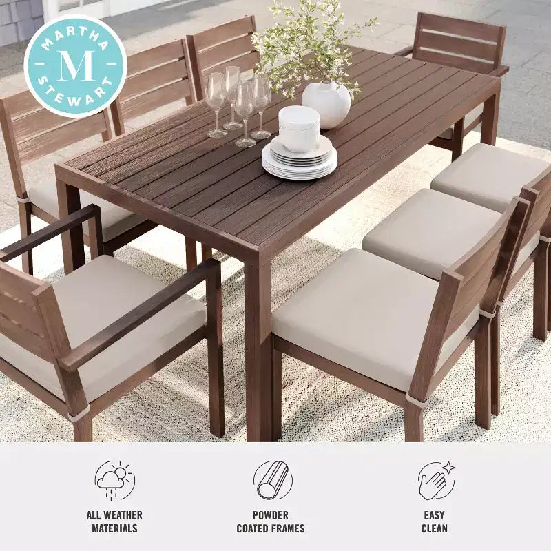 Martha Stewart Bedford Indoor-Outdoor Patio Set with 71 Table and 8 Dining Chairs with Brushed Woodgrain Aluminum Finish and All-Weather Seat Cushion