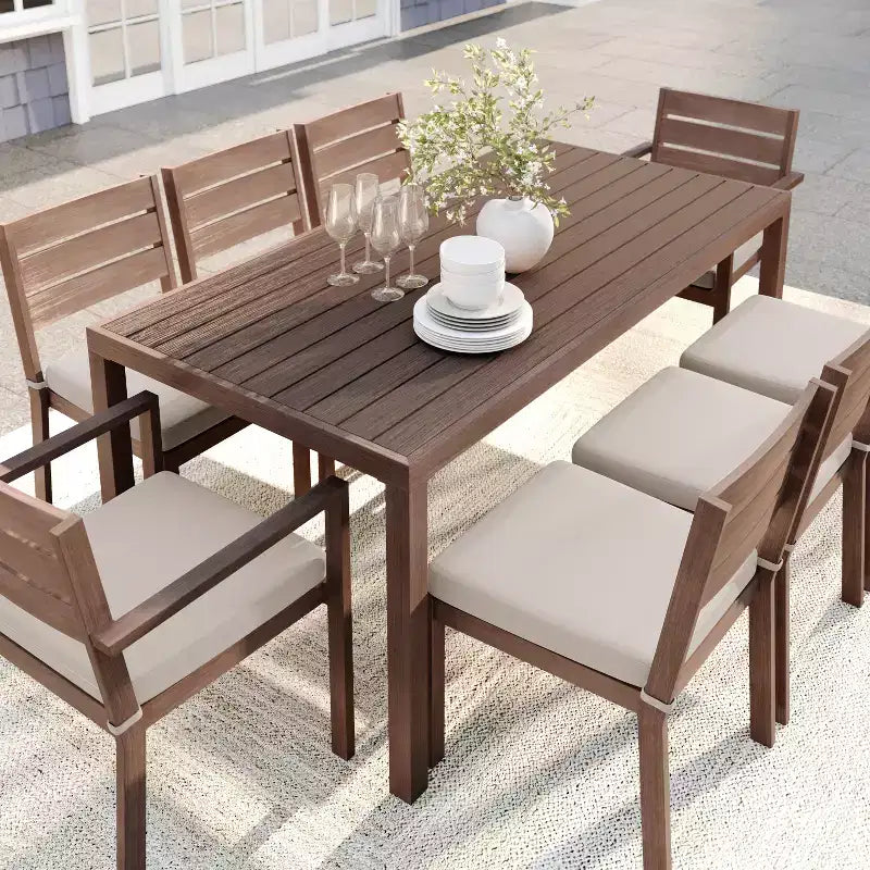 Martha Stewart Bedford Indoor-Outdoor Patio Set with 71 Table and 8 Dining Chairs with Brushed Woodgrain Aluminum Finish and All-Weather Seat Cushion