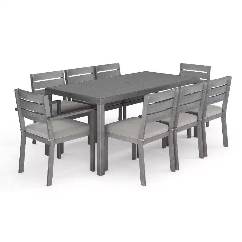 Martha Stewart Bedford Indoor-Outdoor Patio Set with 71 Table and 8 Dining Chairs with Brushed Woodgrain Aluminum Finish and All-Weather Seat Cushion