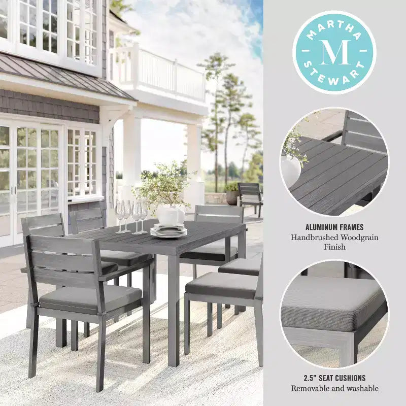 Martha Stewart Bedford Indoor-Outdoor Patio Set with 62 Table and 6 Dining Chairs with Brushed Woodgrain Aluminum Finish and All-Weather Seat Cushion