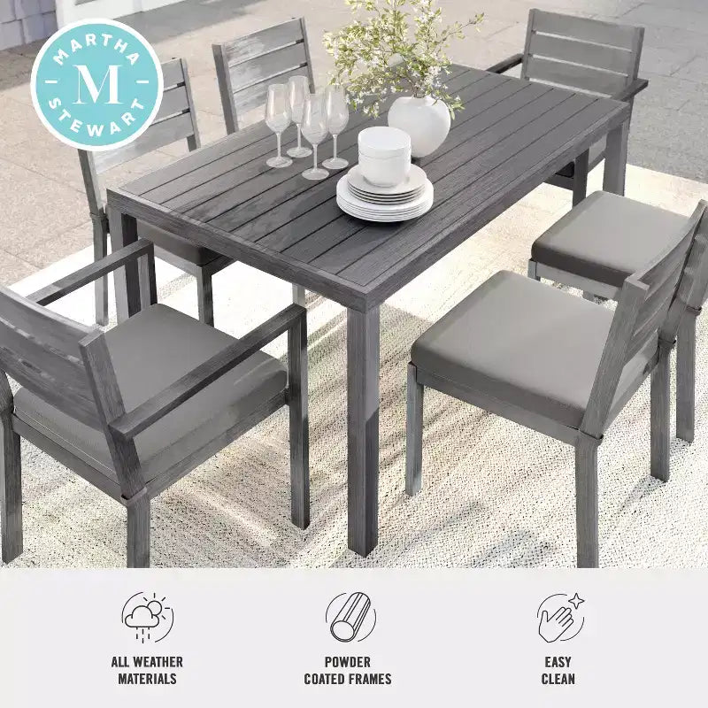 Martha Stewart Bedford Indoor-Outdoor Patio Set with 62 Table and 6 Dining Chairs with Brushed Woodgrain Aluminum Finish and All-Weather Seat Cushion