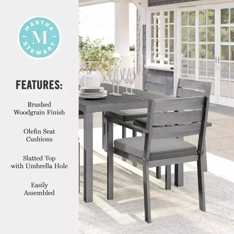 Martha Stewart Bedford Indoor-Outdoor Patio Set with 62 Table and 6 Dining Chairs with Brushed Woodgrain Aluminum Finish and All-Weather Seat Cushion