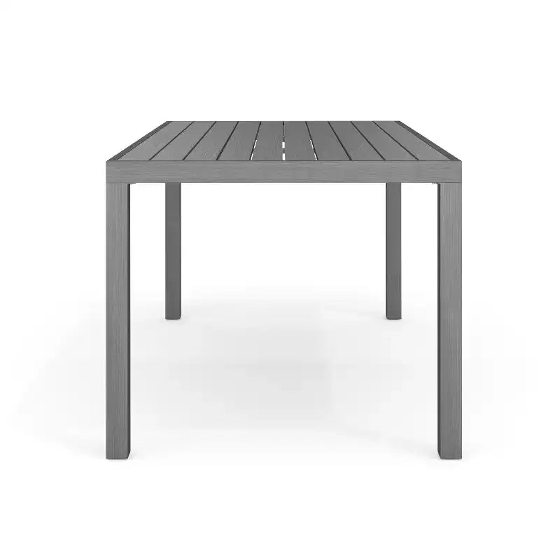 Martha Stewart Bedford Indoor-Outdoor Patio Set with 62 Table and 6 Dining Chairs with Brushed Woodgrain Aluminum Finish and All-Weather Seat Cushion