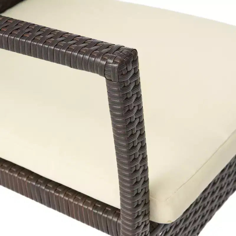GDFStudio Opal Outdoor Wicker and Acacia Wood 7 Piece Dining Set with Cushion, Teak/Cream