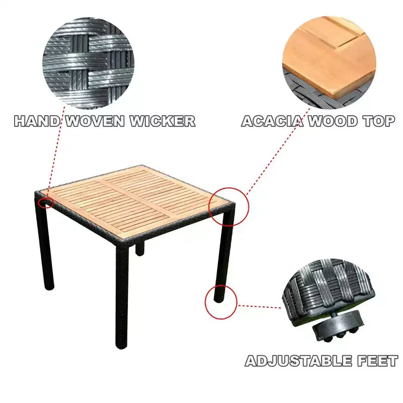 Whisen 7 Piece Outdoor Patio Wicker Dining Set with Acacia Wood Table Top, 6 Chairs