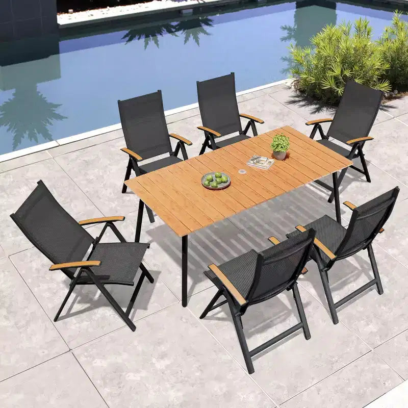 Crestlive Products Outdoor Dining Set Patio Dining Table with folding Dining Chairs Wooden-Like Top and Aluminum Frame Umbrella Hole