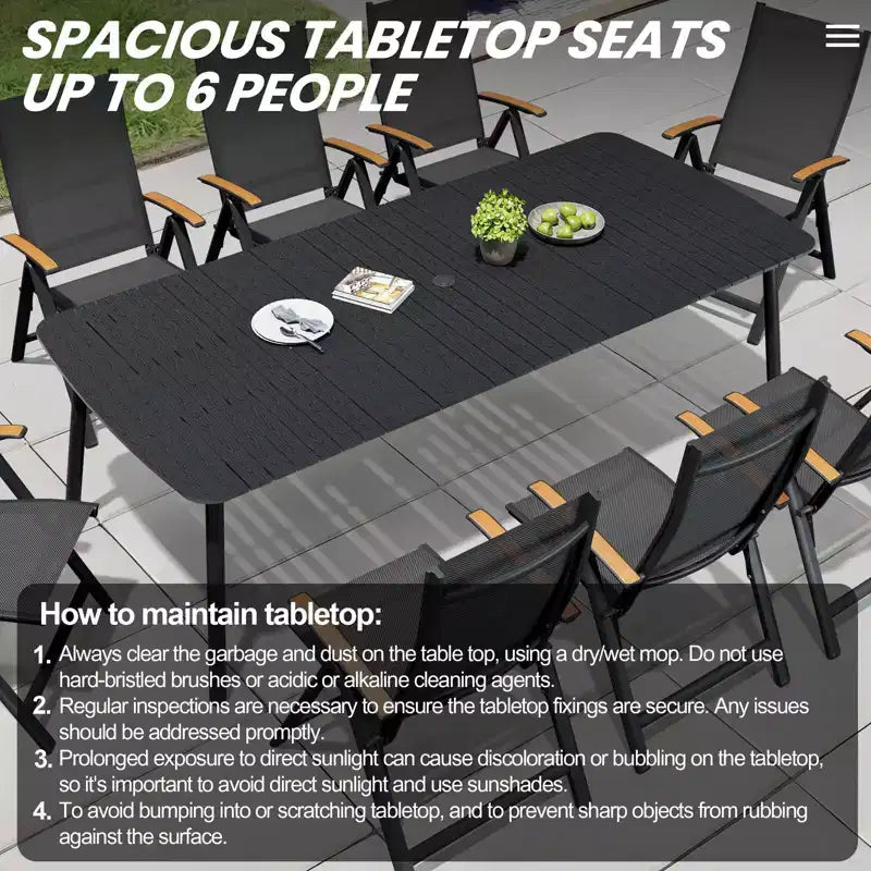 Crestlive Products 7pc Outdoor Dining set Patio Rectangle Table with Folding Chairs Aluminum Frame with Wood-Like Tabletop and Umbrella Hole