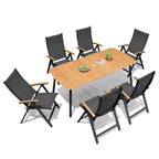 Crestlive Products 7pc Outdoor Dining set Patio Rectangle Table with Folding Chairs Aluminum Frame with Wood-Like Tabletop and Umbrella Hole